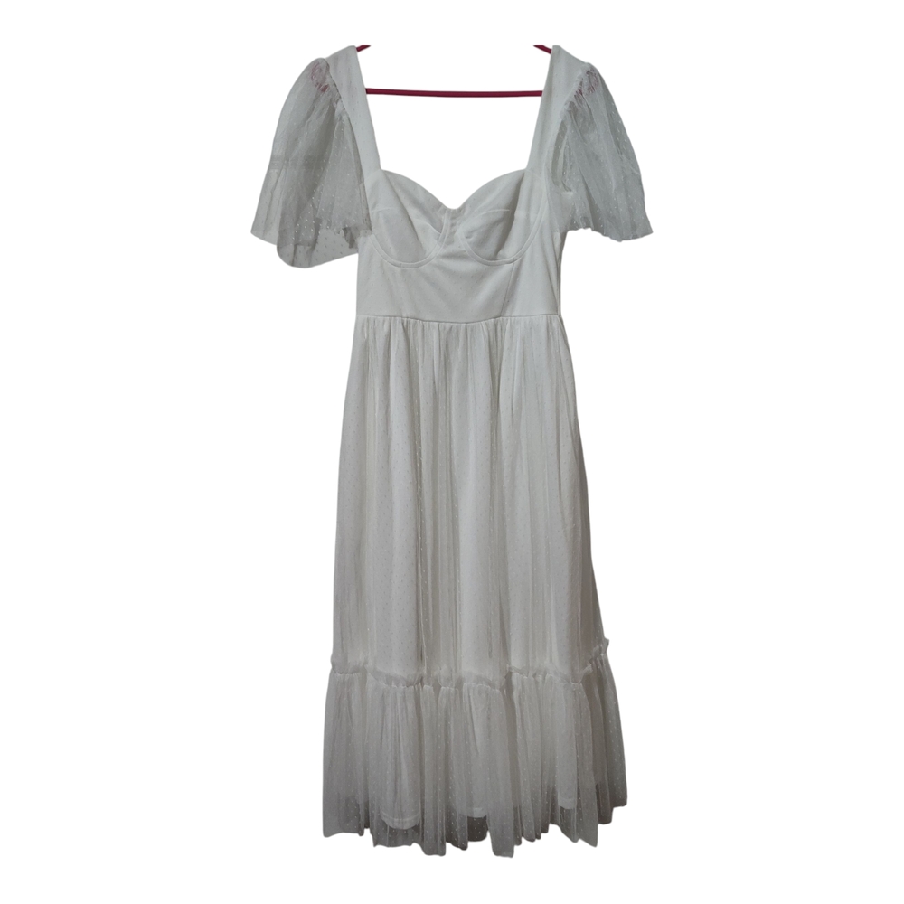 Lulu's White Midi Dress with Tulle Sleeves Cottagecore Whimsical Fairycore Boho